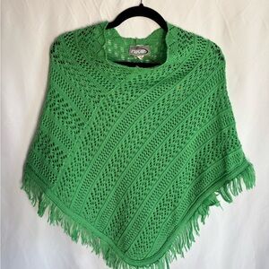 rave Open-Knit Y2J Fringe Poncho Top in Green - One Size Fits All